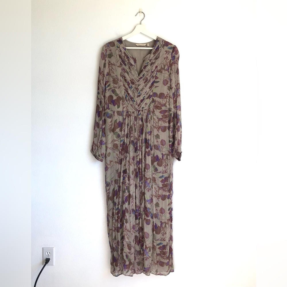 Soft Surroundings Sorcha Taupe Purple Floral Chiffon Long Sleeve Dress Size 12